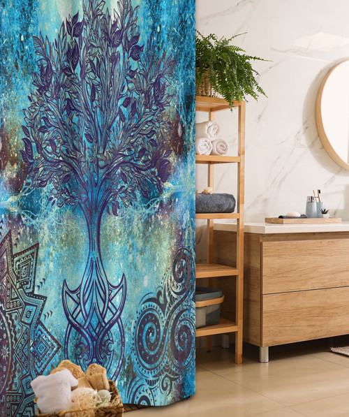 Ambesonne Ethnic Stall Shower Curtain, Grunge Style Tree Pattern Mandala and Spiral Shapes Blurry Art, Fabric Bathroom Decor Set with Hooks, 36" W x 72" L, Turquoise Brown