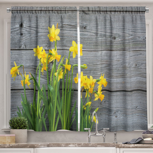 Ambesonne Yellow Flower Kitchen Curtains, Bouquet of Daffodils on Wood Planks Gardening Rustic Country Life Theme, Window Drapes 2 Panel Set for Kitchen Cafe Decor, 55" X 39", Yellow Grey