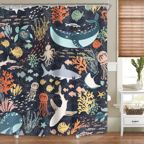 Riyidecor Kids Sea Animal Shower Curtain for Bathroom Decor 60Wx72H Shark Fish Funny Cartoon Fun Underwater Blue Ocean Nature Turtle Whale Art Printed Fabric Polyester Waterproof 12 Pack Plastic Hooks