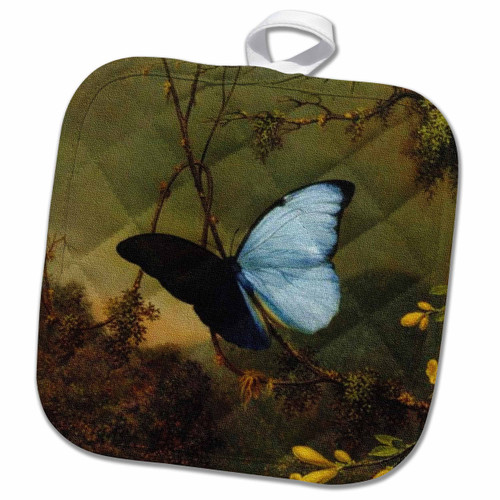 3D Rose Image of Vintage Painting of Blue Butterfly Textured Pot Holder, 8 x 8