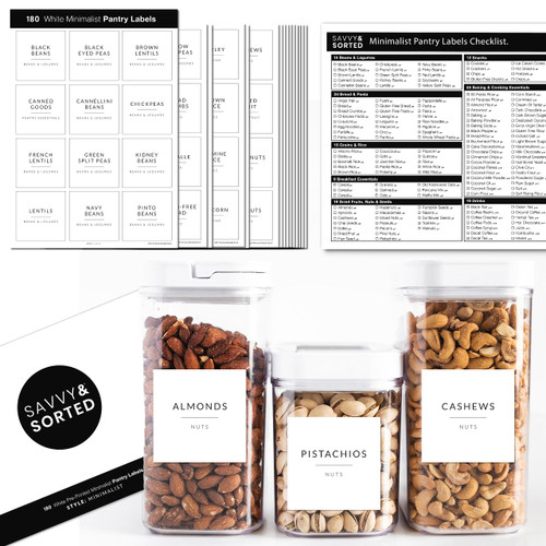 SAVVY & SORTED Pantry Labels for Food Containers - 180 Food Labels for Organizing Food Storage Labels for Jars Kitchen Labels for Storage Bins - Jar Labels Stickers Pantry Labels for Containers