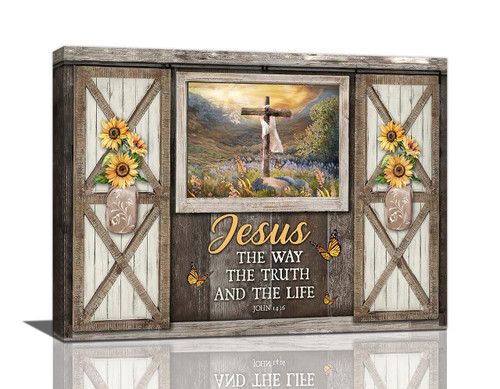 Christian Cross Wall Art Rustic Window Sunflower Religious Canvas Wall Decor Scripture Bible Verse Pictures Print Paintings Framed Artwork Home Decor for Bedroom Living Room 12"x16"
