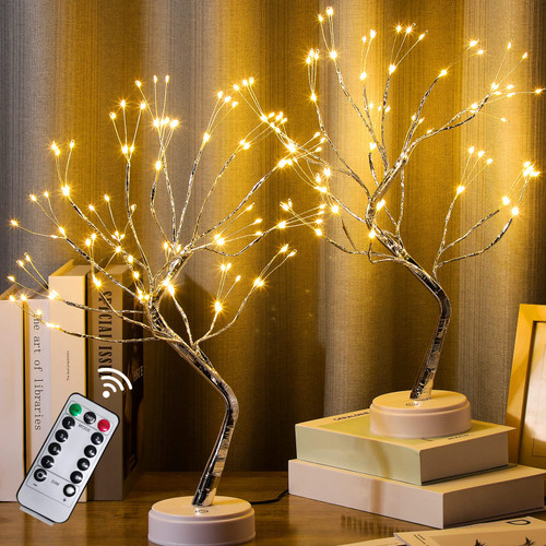 2 Pcs 20" Tabletop Bonsai Tree Light Lamp 108 Led Copper Wire String Lamp Battery/USB Operated DIY Artificial Tree Warm White Fairy Light for Indoor Home Desktop Christmas Trees Decor (Warm Style)
