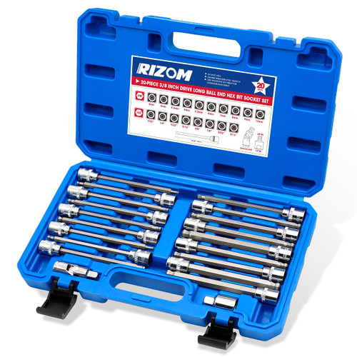 RIZOM 20-Piece 3/8 Inch Drive Long Ball End Hex Bit Socket Set, Extra Long Allen Socket Set, SAE & Metric (1/8-3/8 in., 3-10 mm), CR-V and S2 Steel RIZOM 20-Piece 3/8 Inch Drive Long Ball End Hex Bit Socket Set, Extra Long Allen Socket Set, SAE & Metric (1/8-3/8 in., 3-10 mm), CR-V and S2 Steel