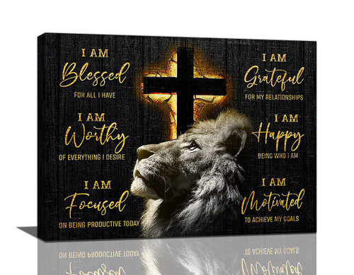 Lion Motivational Canvas Wall Art Christian Cross Lion Wall Decor Jesus Lion of Judah Pictures Prints Inspirational Scripture Gifts Home Framed Artwork for Living Room Bedroom Bathroom 16"x12"