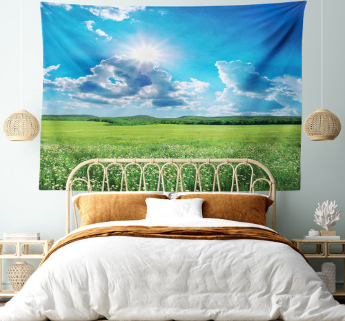 Ambesonne Landscape Tapestry, Spring Landscape with Meadow by The Mountain and Sky Vivid Nature Print Home, Wide Wall Hanging for Bedroom Living Room Dorm, 80" X 60", Blue Green