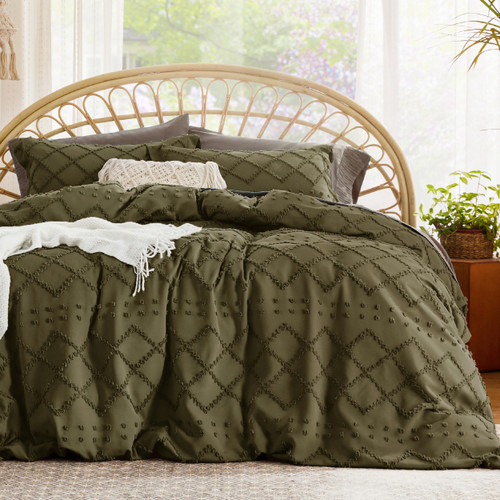 Bedsure Duvet Cover King Size - King Duvet Cover, King Boho Bedding for All Seasons, Embroidery Shabby Chic Home Bedding Duvet Cover (Olive Green, King, 104x90)