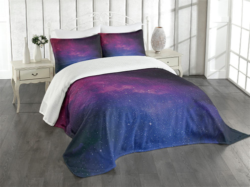 Ambesonne Galaxy Bedspread, Pink and Blue Nebula in The Starry Night Sky Space and Science Print of World Astronomy, Decorative Quilted 3 Piece Coverlet Set with 2 Pillow Shams, King Size, Black Pink