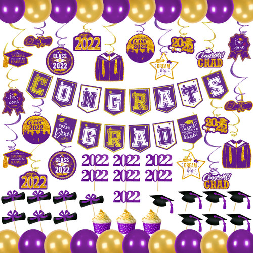 kortes 2022 Purple and Gold Graduation Decorations Kit, Congrats Grad Banner Hanging Swirls Graduations Cake Topper Purple and Gold Balloons for Grad Party Decorations Supplies
