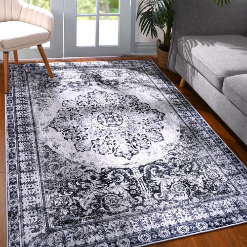 YJ.GWL Boho Area Rug 4x6, Persian Washable Bedroom Rug, Soft Oriental Distressed Accent Rugs for Living Room Entryway Dining Room, Non-Slip Non-Shedding Low-Pile Floor Carpet, Navy Blue