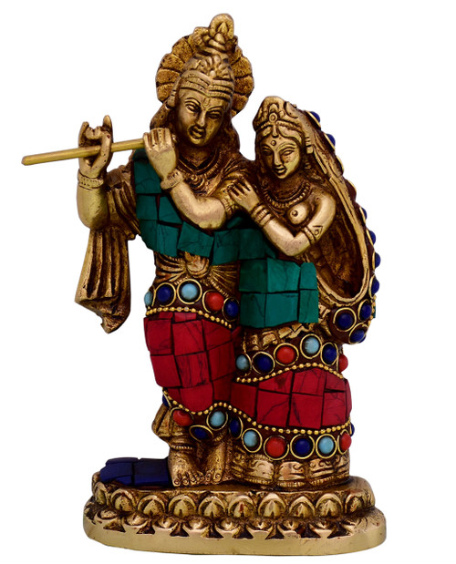 Purpledip Radha-Krishna Brass Metal Statue Idol with Gemstones for Home Temple, Office Table or Shop Mandir Puja Shelf (10741)