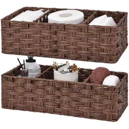 GRANNY SAYS Bathroom Baskets for Organizing, Wicker Baskets for Shelves, Toilet Storage Basket with Dividers, Small Baskets for Organizing, Basket for Back of Toilet, Brown, 2-Pack