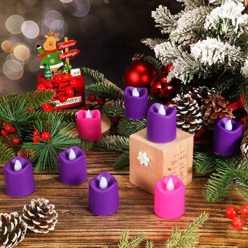 8 Pieces Flameless Advent Candle Set Christmas LED Tea Lights Candles Purple and Pink Warm Flickering Flame Advent Candles with Batteries for Christmas Advent Rituals Church Holiday Decoration
