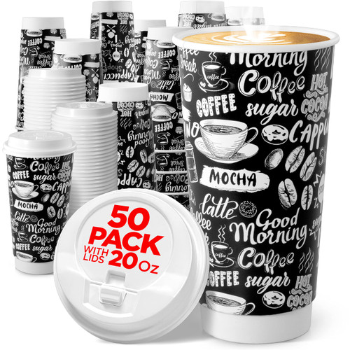 Shop Square 20 Oz Disposable Hot Coffee Cups With Lids - (50 Pack), Heavy Duty Insulated Hot Beverage Paper To Go Coffee Cups For Tea, Hot Chocolate and More- No Sleeve Needed