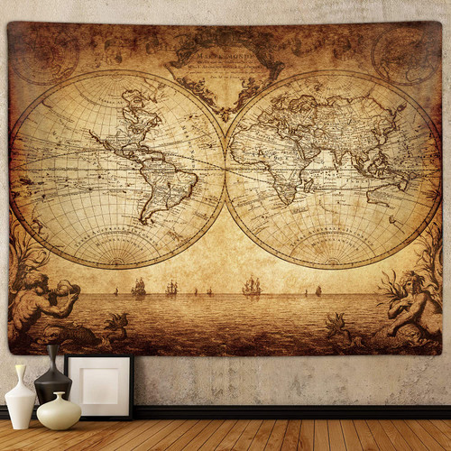 Old World Map Tapestry for Bedroom, Vintage Nautical Maps of the World Art Large Tapestries Wall Hanging for College Dorm Living Room Office Decor 80X60", Brown Pirate Treasure Map Poster Blanket