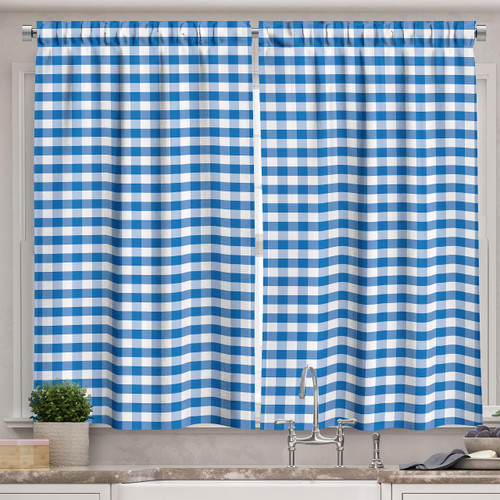 Ambesonne Checkered Kitchen Curtains, Monochrome Gingham Checks Classical Country Culture Old Fashioned Grid Design, Window Drapes 2 Panel Set for Kitchen Cafe Decor, 55" X 39", Blue White