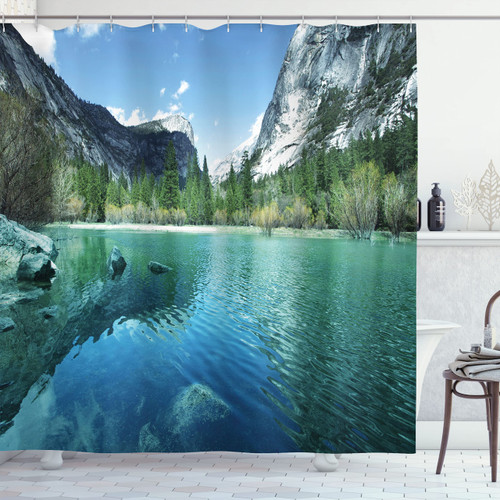 Ambesonne Yosemite Shower Curtain, Mirror Lake Yosemite Scenic Picture with Mountains Lakeside Trees Waterscape, Cloth Fabric Bathroom Decor Set with Hooks, 69" W x 75" L, Turquoise Blue Ambesonne Yosemite Shower Curtain, Mirror Lake Yosemite Scenic Picture with Mountains Lakeside Trees Waterscape, Cloth Fabric Bathroom Decor Set with Hooks, 69" W x 75" L, Turquoise Blue