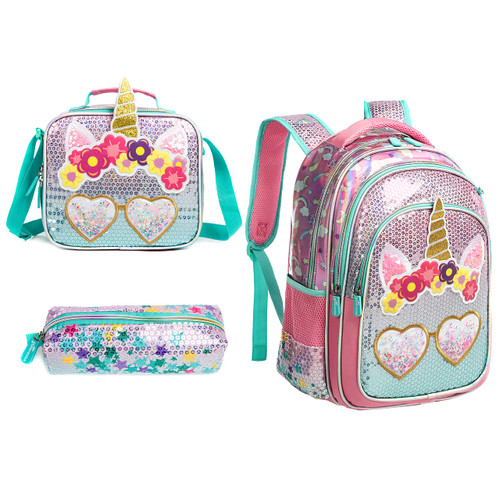 Oruiji Unicorn School Backpack for Girls Backpack with Lunch Box Sequin Girls Backpack for Elementary School Students Waterproof Bookbag