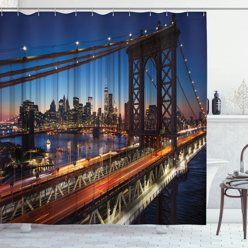 Ambesonne NYC Shower Curtain, Sunset at Brooklyn Bridge River Famous Touristic Attractions Large Modern, Cloth Fabric Bathroom Decor Set with Hooks, 69" W x 75" L, Orange Night