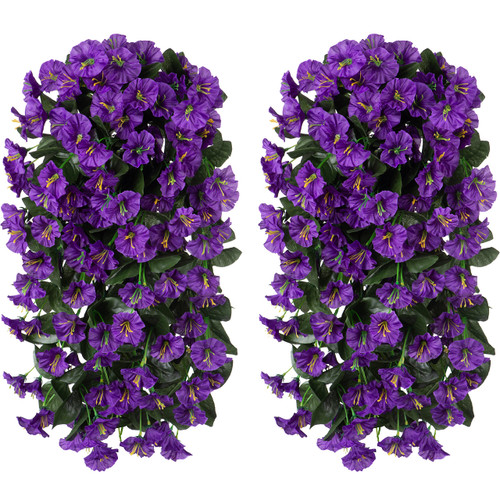 HyeFlora Artificial Hanging Morning Glory Flowers Vines 2PCS, Faux Hanging Plants Fake Silk Orchid Flower Vine Bouquet Garland for Home Garden Wall Wedding Party Indoor Outdoor Decoration (Purple)