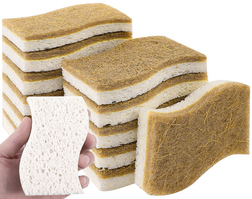 12 Pack Natural Sponges,Eco Friendly Kitchen Sponge,Natural Dish Sponges for Washing Dishes,Biodegradable Compostable Cellulose and Coconut Scrubber Sponge for Kitchen,Non-Scratch,Odor Free