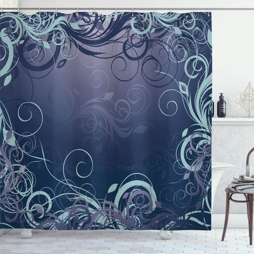 Ambesonne Abstract Shower Curtain, Mystic Forest Floral Swirls Leaves Nature Fading Ombre Effect Illustration, Cloth Fabric Bathroom Decor Set with Hooks, 69" W x 70" L, Dark Indigo