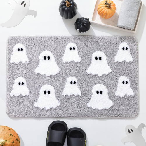 TRUEDAYS Halloween Spooky Ghosts Bath Mat Cute Home Decor Light Grey Bathroom Rugs for Bathroom Non Slip, Spooky Shower Rug for Bathroom, Bedroom, Living Home