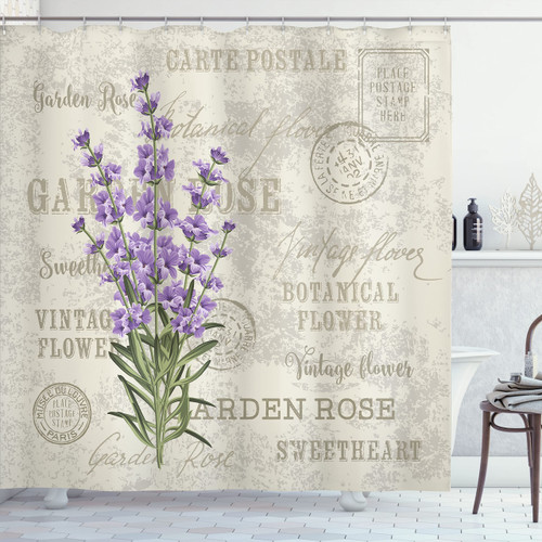 Ambesonne Lavender Shower Curtain, Vintage Composition with Grunge Display and Flowers, Cloth Fabric Bathroom Decor Set with Hooks, 69" W x 84" L, Green Lavender