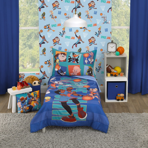 Everything Kids Warner Brothers Space Jam Blue, Orange and Teal Looney Tunes 4 Piece Toddler Bed Set - Comforter, Fitted Bottom Sheet, Flat Top Sheet, and Reversible Pillowcase,6104416P