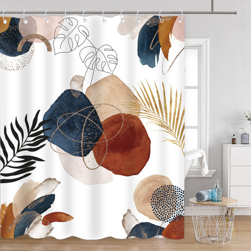 Someklly Abstract Geometric Shower Curtain, Mid Century Shower Curtain Set, Modern Minimalist Bathroom Decor Accessory, Aesthetic Leaves Boho Neutral Waterproof, 60X71 Inch, Navy Blue