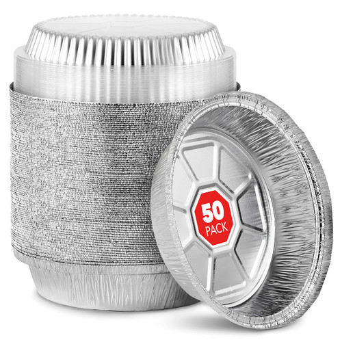 Stock Your Home 7 Inch Round Aluminum Pans with Lids (50 Pack) Disposable Foil Pan with Clear Dome Top, To Go Pie Tins, Containers for Baking or Take out Food