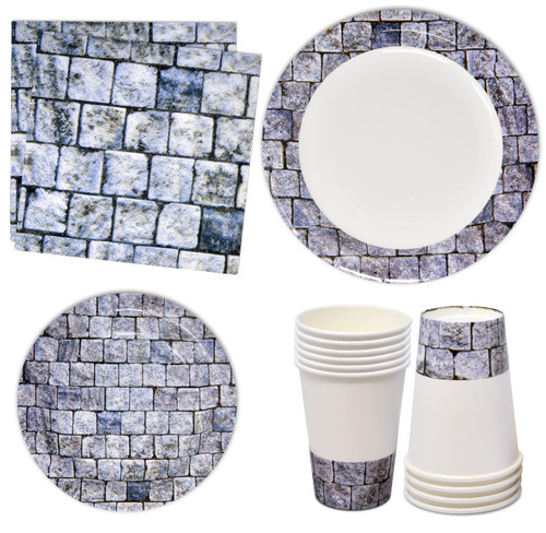 Cobblestone Party Supplies Tableware Set 24 9" Paper Plates 24 7" Plate 24 9 Oz. Cups 24 Lunch Napkins for Cobble Stone Brick Wall Medieval Castle Knight Birthday Disposable Dinnerware Decorations
