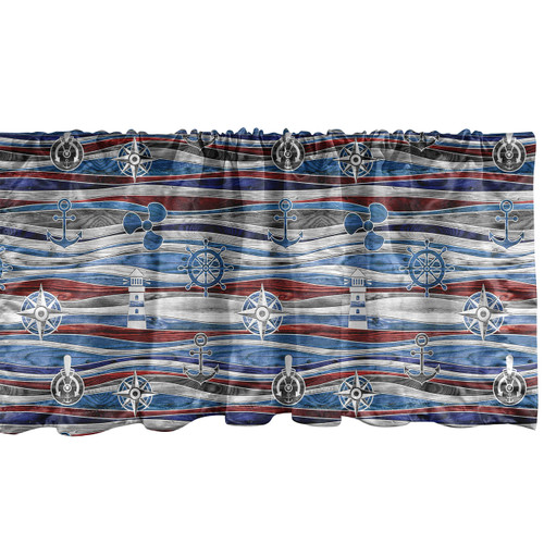 Lunarable Anchor Window Valance, Shipping Boat Anchor Lighthouse Steering Wheel Compass on Waves Background, Curtain Valance for Kitchen Bedroom Decor with Rod Pocket, 54" X 12", Grey Blue