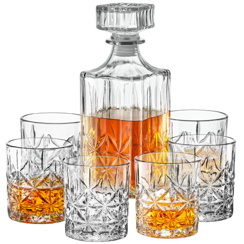 Whiskey Decanter Set with Glasses - Prestigious Whiskey Set with 25oz Liquor Decanter and 6 Glasses - Upscale Whisky Decanter & Glass Set - Birthday Gifts for Men Dad Boyfriend Groomsmen Fathers Day