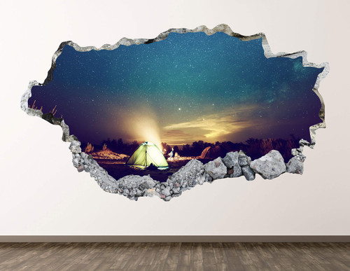 Camping Wall Decal Art Decor 3D Smashed Outdoor Activity Sticker Poster Kids Room Mural Custom Gift BL795 (30"W x 18"H)