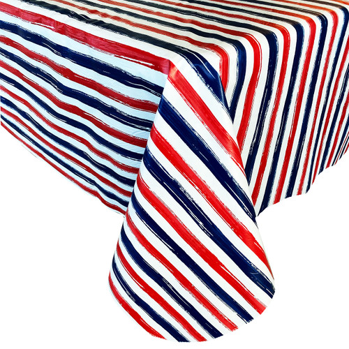 Newbridge Patriotic Brushstroke Stripe Red, White, Blue Vinyl Tablecloth with Flannel Backing, American Stripe Indoor Outdoor Vinyl Tablecloth, 60 Inch x 120 Inch Oblong/Rectangle