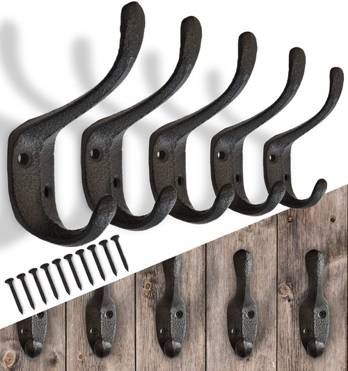 Rustic Cast Iron Coat Hooks Wall Mounted Farmhouse Decorative Wall Hooks, Vintage Hooks for Hanging Coats, Bags, Hats, Towels (Black, Large Spoon Hooks - Set of 5)