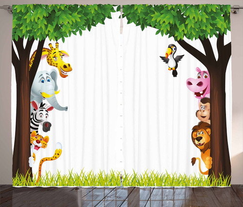 Ambesonne Cartoon Curtains, Big Trees and Friendly Jungle Savannah Animals Wilderness Tropical Wildlife, Living Room Bedroom Window Drapes 2 Panel Set, 108" X 84", Green White