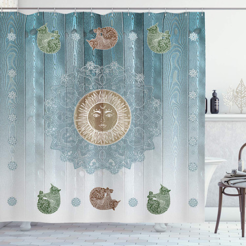 Ambesonne Hippie Shower Curtain, Sun Figure with Cats Totem Bohemian Style Old Display Illustration Print, Cloth Fabric Bathroom Decor Set with Hooks, 69" W x 75" L, Pale Grey and Teal Ambesonne Hippie Shower Curtain, Sun Figure with Cats Totem Bohemian Style Old Display Illustration Print, Cloth Fabric Bathroom Decor Set with Hooks, 69" W x 75" L, Pale Grey and Teal