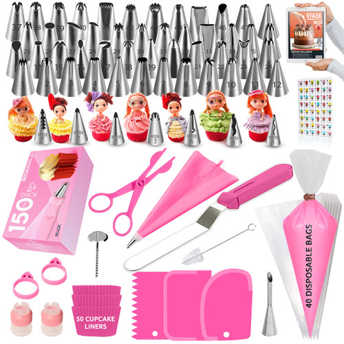 RFAQK 150PCs Cake Decorating Supplies Kit, Piping Bags and Tips Set, Cupcake Decorating Kit & Frosting Piping Kit for Cake Decoration,55 Piping Tips,40 Disposable Piping Bags, Silicone Bag & much more