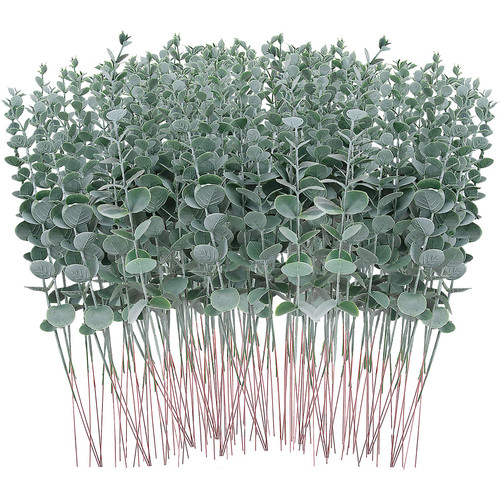 FEQO 120 Pcs Eucalyptus Stems Artificial Green Eucalyptus Stems Eucalyptus Leaves Decor Eucalyptus Branches Fake Eucalyptus with Fake Leaves 15 inch Faux Eucalyptus Stem for Vase Wedding Bouquet Home