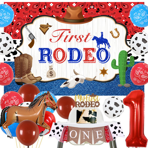 Cowboy 1st Birthday Decorations, First Rodeo Birthday Party Decor Blue, First Rodeo Birthday Backdrop Western Theme Balloons, Cow One High Chair Banner for Western Cowboy Birthday Party Supplies