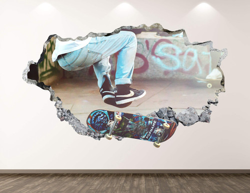 West Mountain Skater Wall Decal Art Decor 3D Smashed Sport Skateboard Sticker Mural Kids Room Custom Gift BL109 (30" W x 18" H)