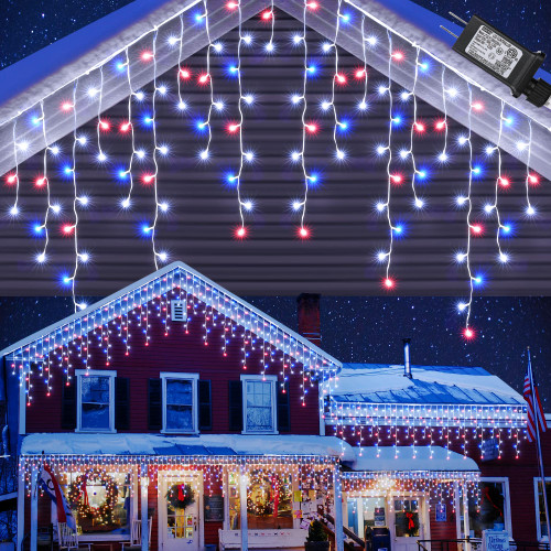 Christmas Icicle Lights, 29.5ft 360 LED Icicle Lights, 8 Modes, 60 Drops, Window Curtain Led Christmas Lights, Icicle Twinkle Lights for Eaves, Party, Wedding, Christmas Decorations (White Red Blue) Christmas Icicle Lights, 29.5ft 360 LED Icicle Lights, 8 Modes, 60 Drops, Window Curtain Led Christmas Lights, Icicle Twinkle Lights for Eaves, Party, Wedding, Christmas Decorations (White Red Blue)