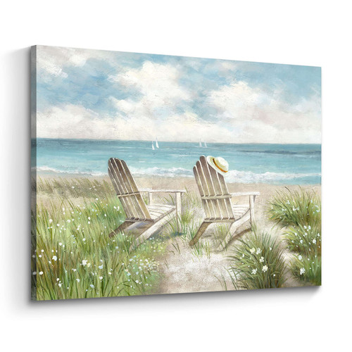 arttitue Seascape Wall Art Canvas Picture: Beach Chair Seascape Print Decor Ocean Coastal Scene Painting Seaside Sea Wave Grass Artwork for Bathroom Living Room