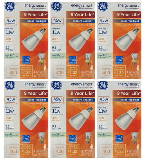 (6 Bulbs) GE Energy Smart CFL R20, 400 lumens, 45 watt Equivalent, Soft White Directional R20 Indoor Floodlight CFL Bulb