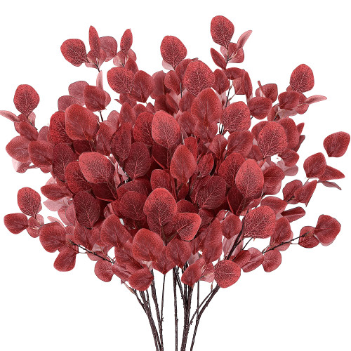 Sggvecsy 6 Pcs Fall Eucalyptus Leaves Artificial Eucalyptus Stems Long Silver Dollar Leaves Autumn Leaf Branches Fake Silk Eucalyptus for Indoor Outdoor Home Autumn Festival Thanksgiving Decor (Red)