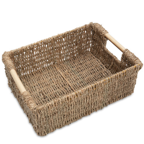 Natural Seagrass storage basket with Handle, Rectangular Wicker Basket for Organizing, Decorative Wicker Storage Basket for Living Room, Medium Wicker Basket 13.4 x 9.3 x 4.9 inches