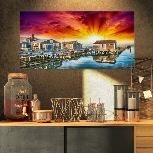 Design Art PT8433-32-16 Wooden Homes at Sunset-Landscape Photo Canvas Art Print-32x16, 32x16, Blue Design Art PT8433-32-16 Wooden Homes at Sunset-Landscape Photo Canvas Art Print-32x16, 32x16, Blue