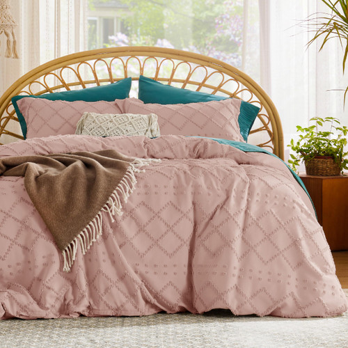 Bedsure Boho Duvet Cover Queen - Boho Bedding, Tufted Queen Duvet Cover for All Seasons, 3 Pieces Embroidery Shabby Chic Home Bedding Duvet Cover Set (Pink, Queen, 90x90'')
